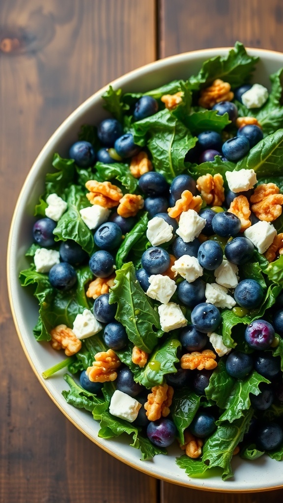 A colorful kale and blueberry salad with feta and walnuts in a bowl on a wooden table.